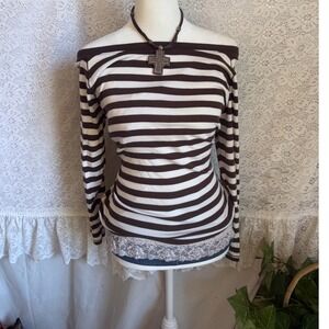 Y2K Brown White Striped Boat Neck Long Sleeve Top Cotton Modal 398196